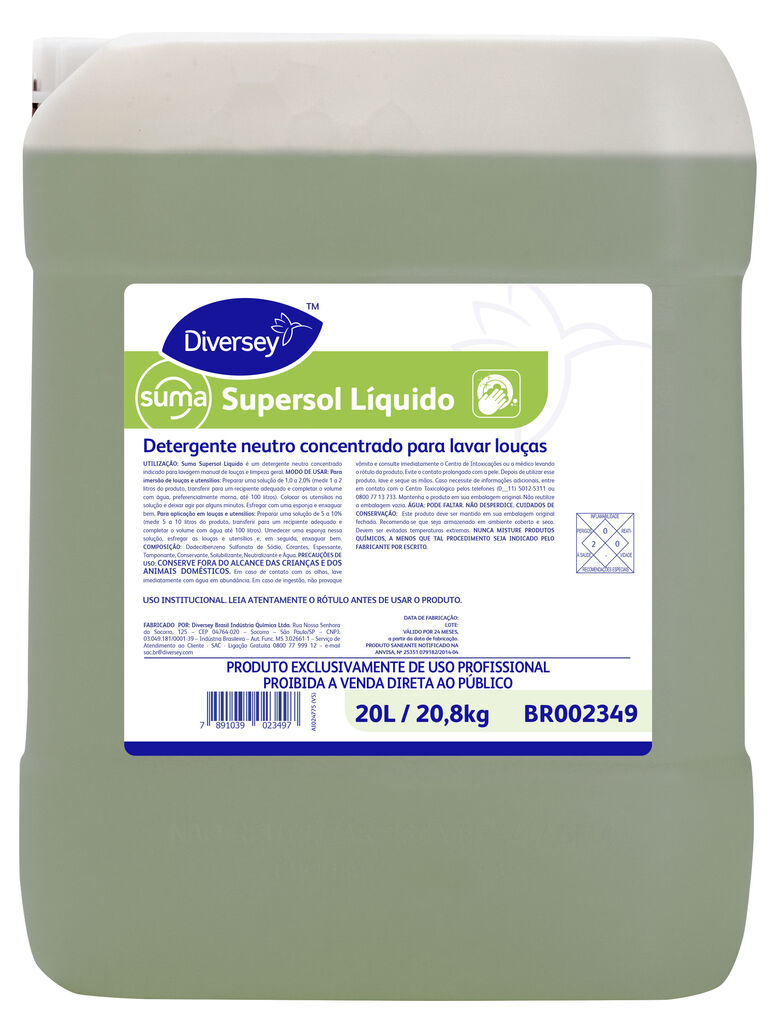SUMA SUPERSOL LIQ. 20L - DETERGENTE NEUTRO CONCENTRADO PARA LAVAR LOUÇAS E LIMPEZA GERAL
